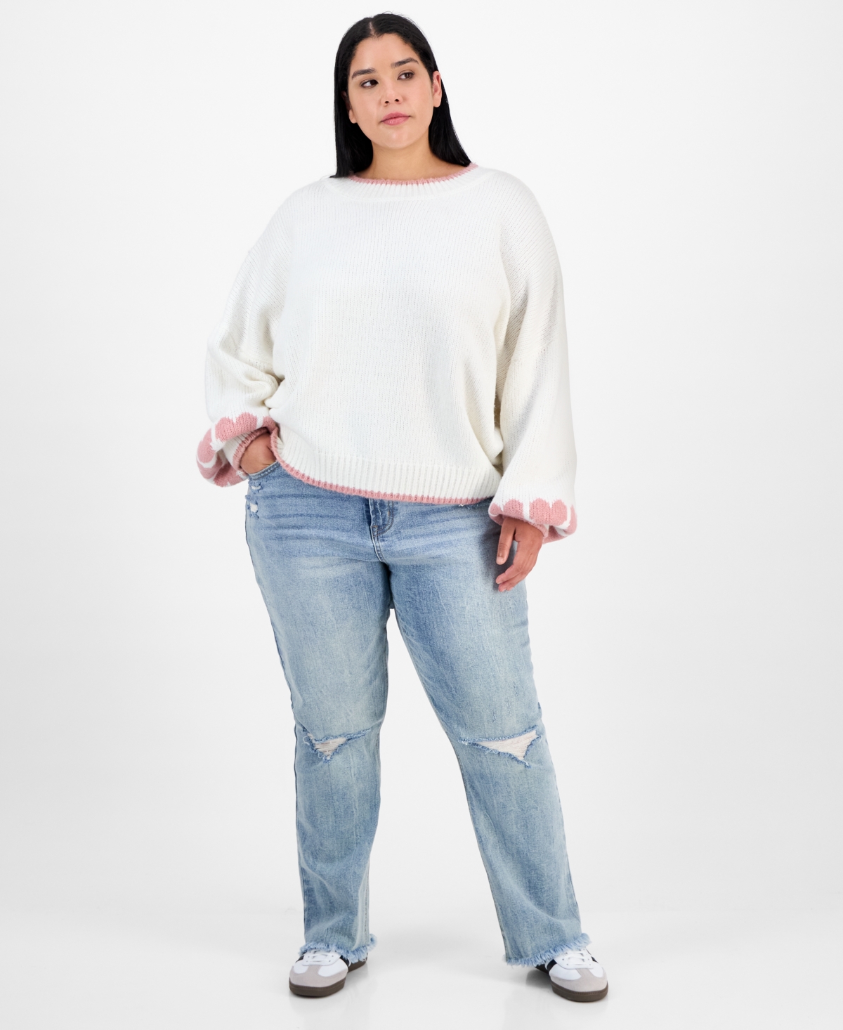 Hippie Rose Trendy Plus Size Heart-graphic Sweater In White