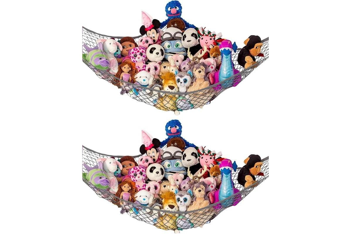 Lilly's Love Toddler Stuffed Animal Net Hammock, Jumbo Extra Large Corner Hanging Toy Storage Organizer, Rainbow, 2 Pack