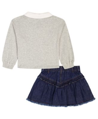 Toddler and Little Girls 2-Piece Collared Top and Denim Flare Skirt Set