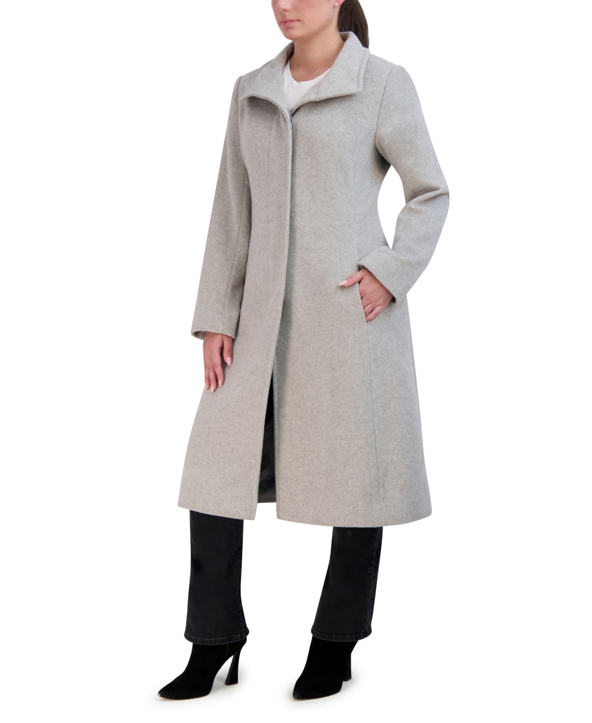 Cole Haan Womens Stand-collar Single-breasted Wool Blend Coat In Gray