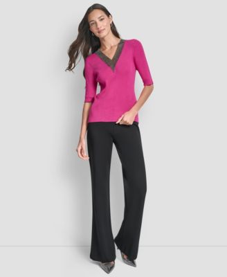 Women's Embellished-Neck Half-Sleeve Ribbed Sweater