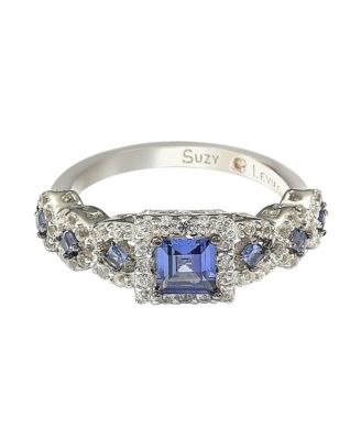 Suzy Levian Sterling Silver Assher Cut Sapphire and Created White Sapphire Proposal Ring