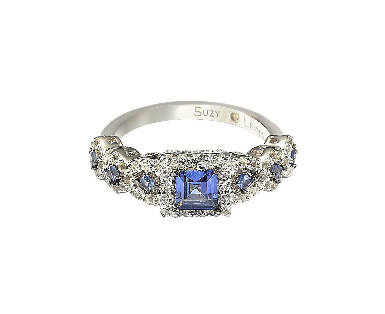 Suzy Levian Sterling Assher Cut Sapphire and Created Sapphire Proposal Ring
