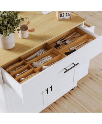 Kitchen Island with Storage, Drop Leaf, 3 Open Spice Rack Shelf, White