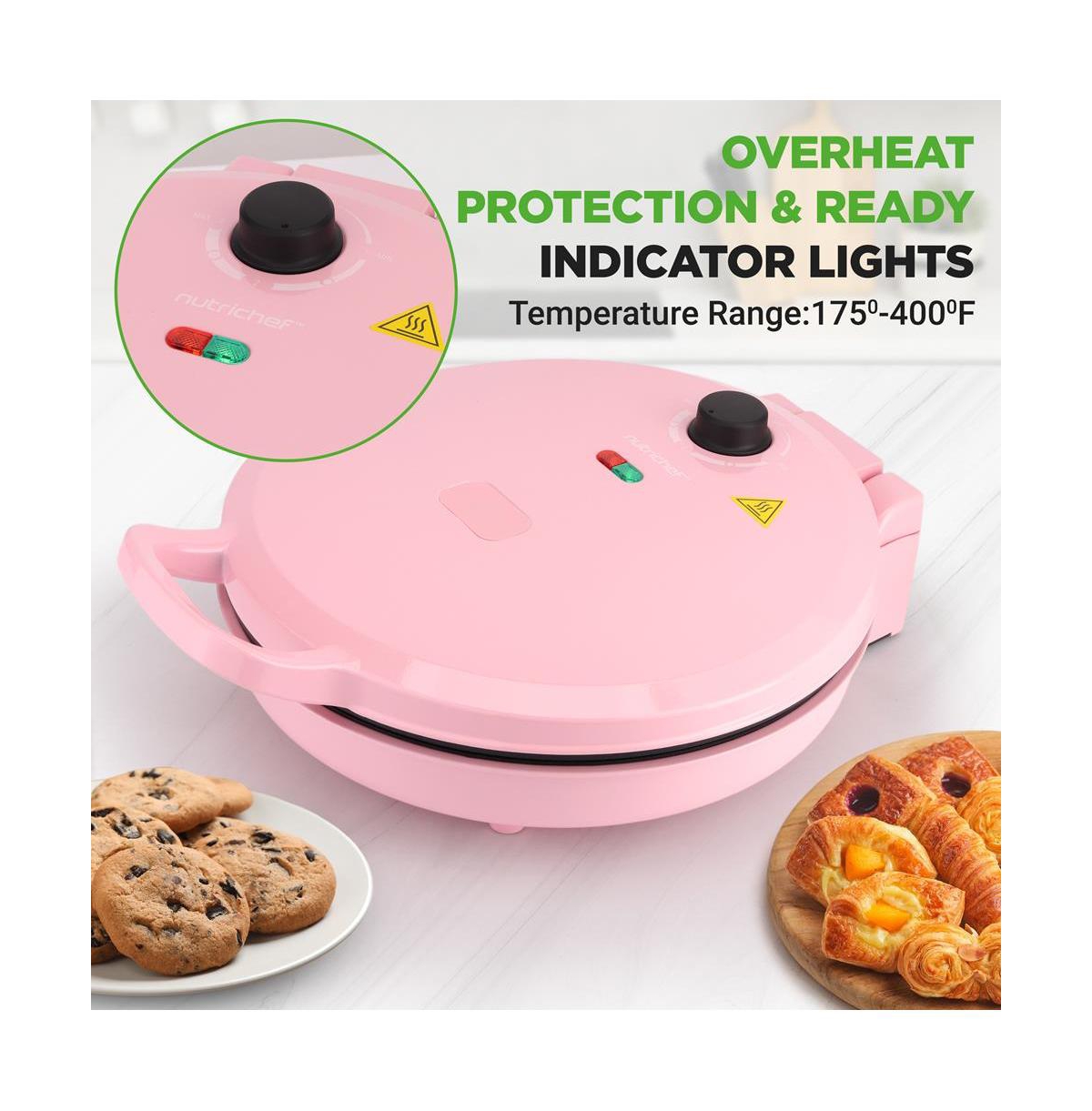 NutriChef Countertop Pizza Maker - Non-Stick Electric Pizza Oven with Cool Touch Handle and Uplift Function, Includes Spatula (Pink)