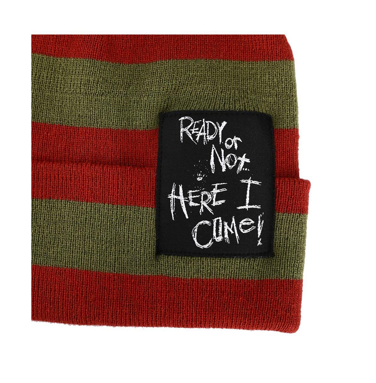 Nightmare on Elm Street Men's Ready Or Not Here I Come Woven Label Striped Cuffed Beanie