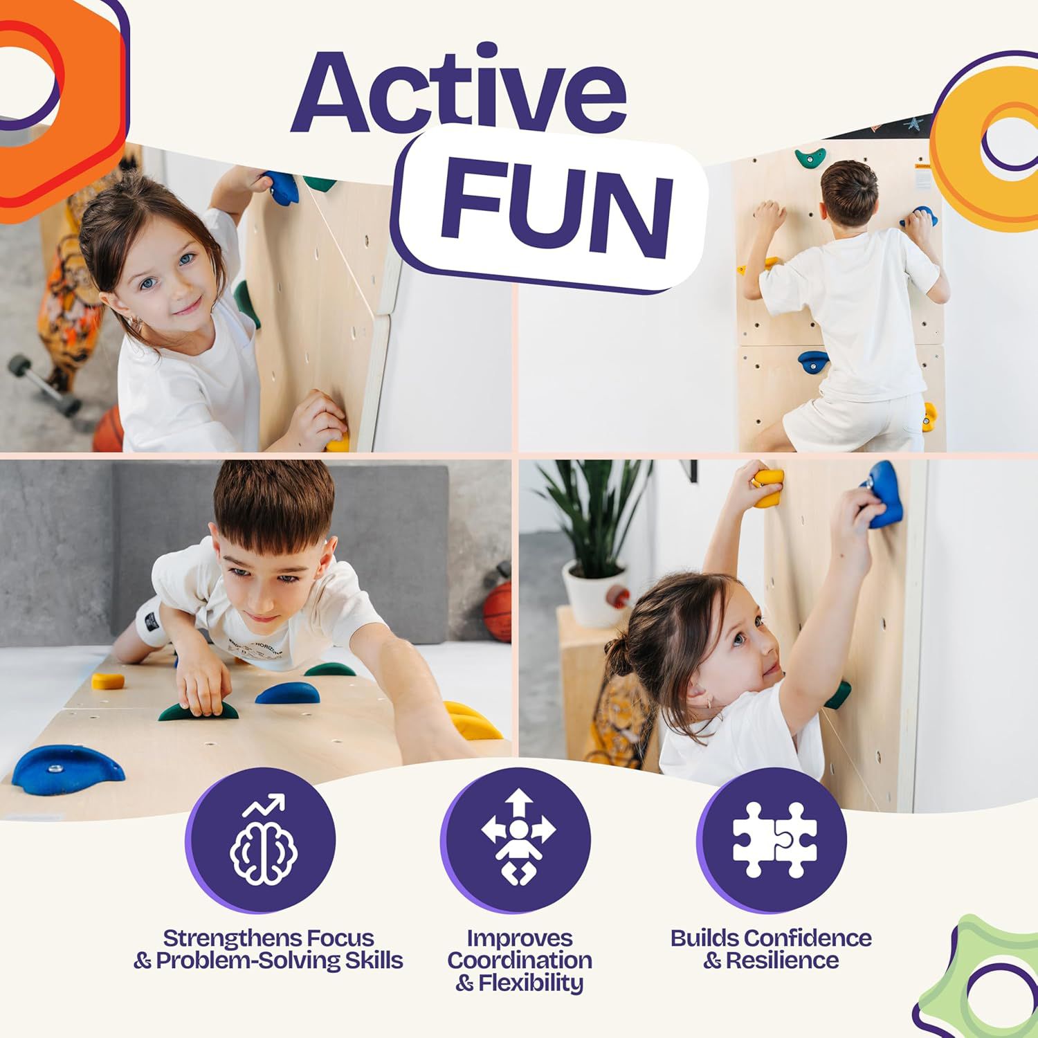 Indoor Climbing Wall with 12 Climbing Holds, 4-Piece Set