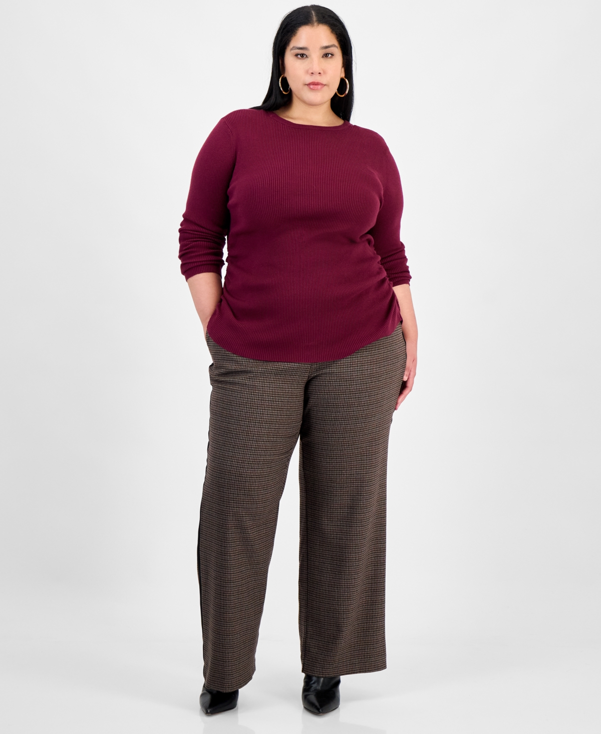 Bar Iii Trendy Plus Size Long Sleeve Ribbed Knit Top, Macy's Exclusive In Burgundy