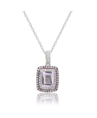 Suzy Levian Sterling Silver Emerald Cut Topaz And Sapphire Double Halo Pendant