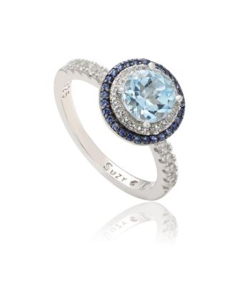 Suzy Levian Sterling Round Cut Topaz and Sapphire Double Halo Ring