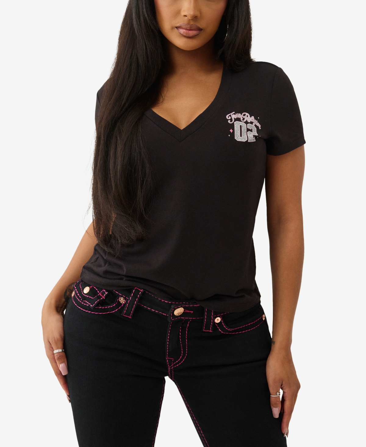 True Religion Women's Sporty Crystal V Neck T-shirt In Black