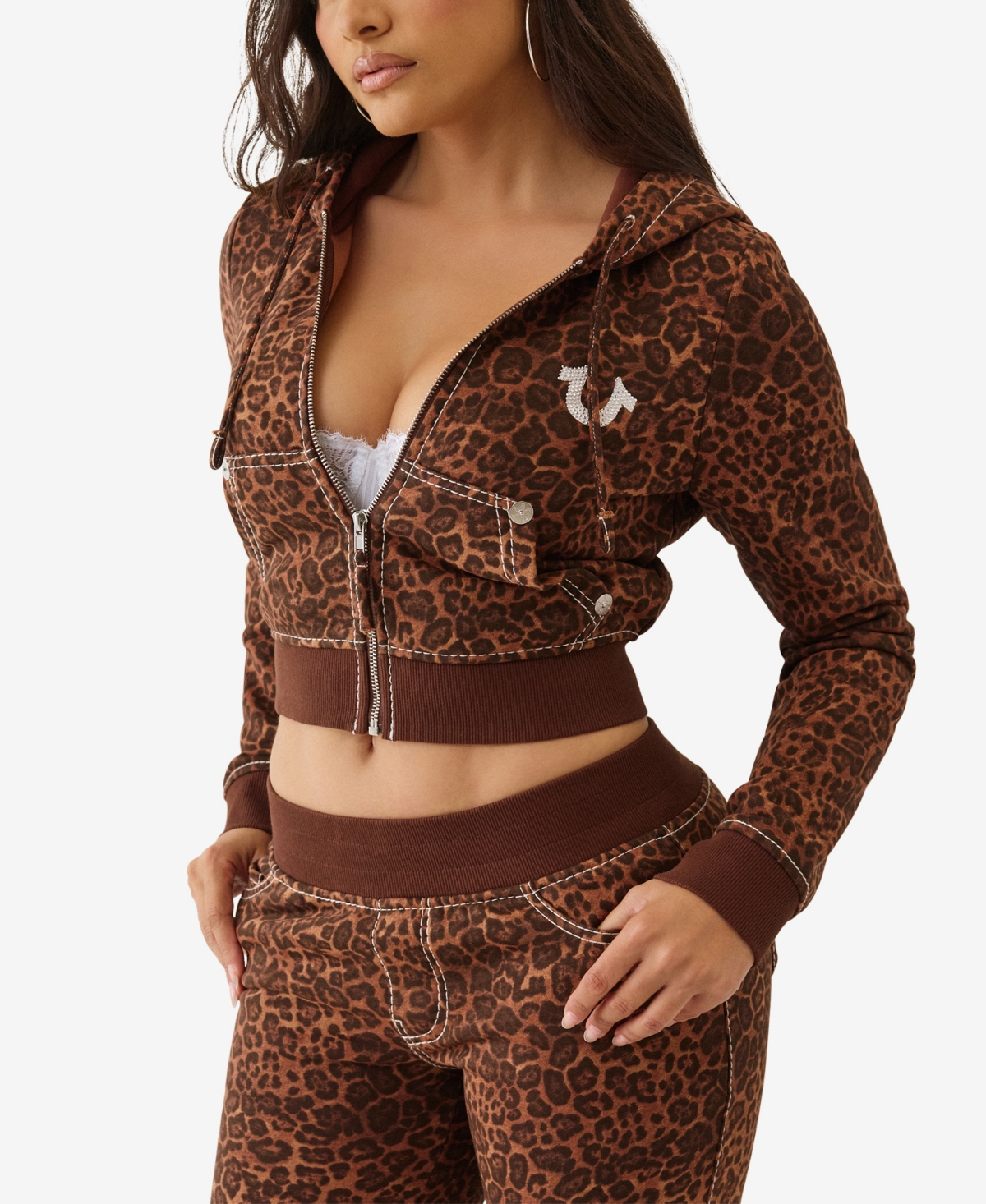 True Religion Leopard Print Embellished Shrunken Zip Hoodie In Animal Print