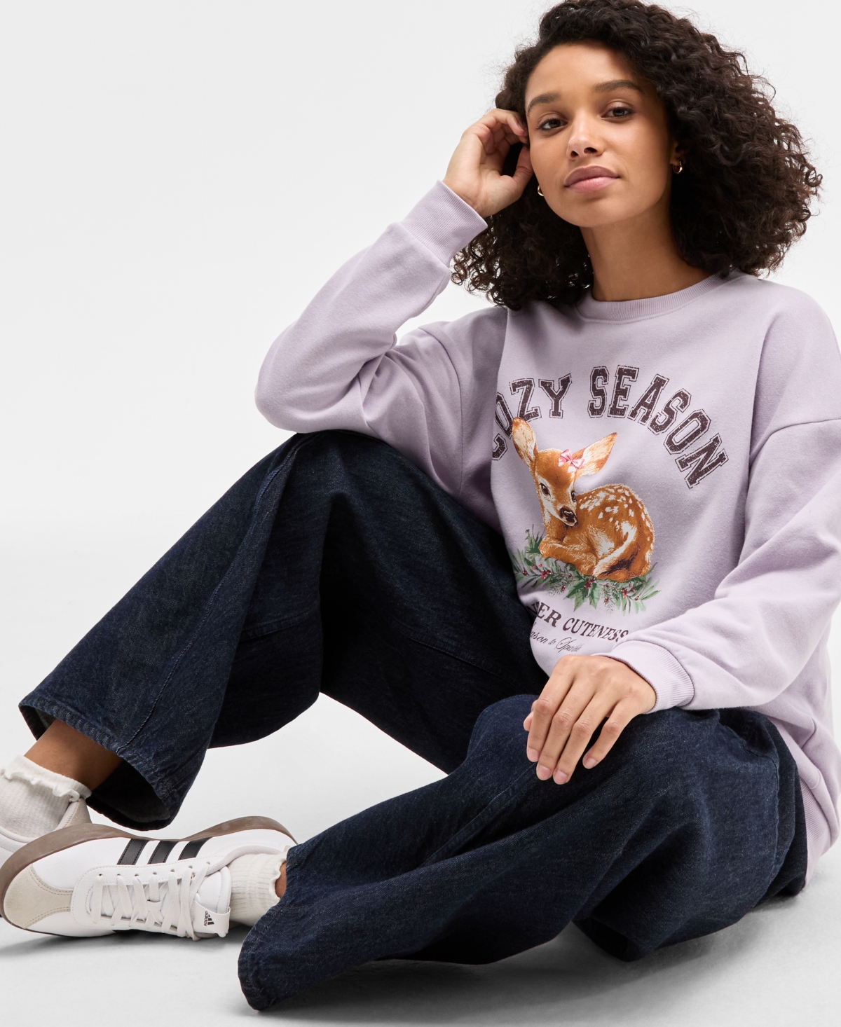 Self Esteem Juniors' Cozy Season Deer Fleece Sweatshirt In Purple