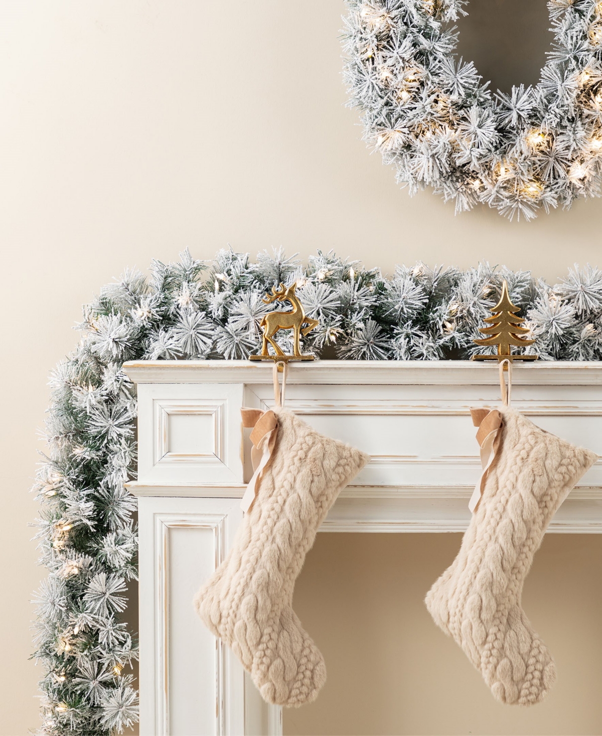 Glitzhome Pre-lit Snow Flocked Greenery Pine Christmas Wreath Matched Garlands, Set Of 3 In Multi