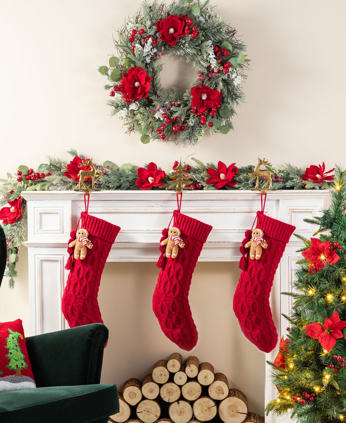 Glitzhome Knitted Christmas Stockings With Complimentary Gingerbread Man Ornament, Set Of 2 In Multi