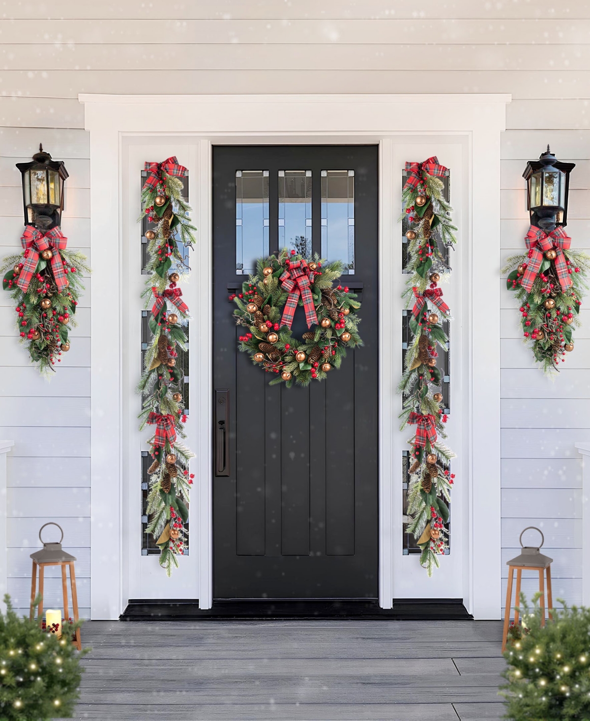 Glitzhome Christmas Bell, Pinecone and Berry Bow Garlands, Set of 2