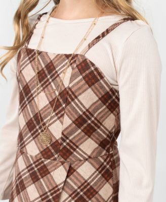 Big Girls 2-Piece Plaid Top, Jumper with Shorts, and Necklace Set