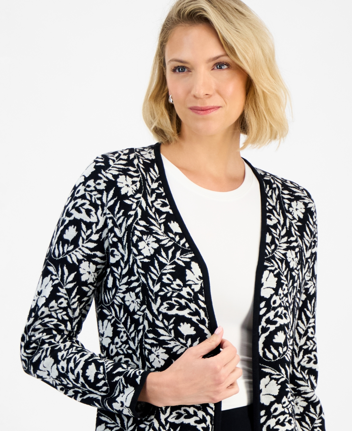 Jm Collection Petite Painted Foliage V-neck Cardigan Sweater In Black