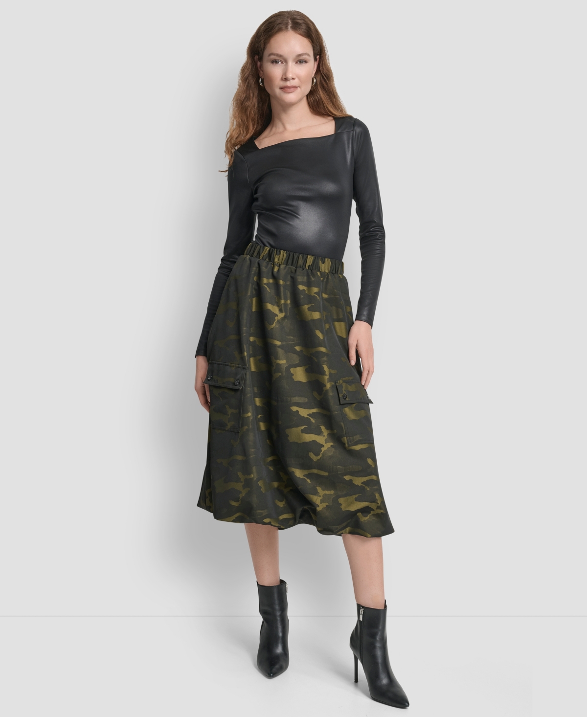 Dkny Camo Jacquard Bubble Hem Midi Skirt In Green