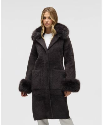 Women's Longline Elegant Coatigan with Detachable Fur Collar and Cuffs