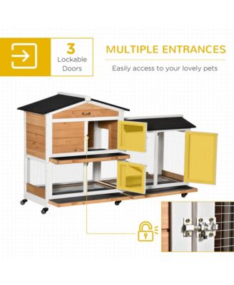 62" Wooden Rabbit Hutch with Wheels, Run Box, No Leak Tray, and Ramp