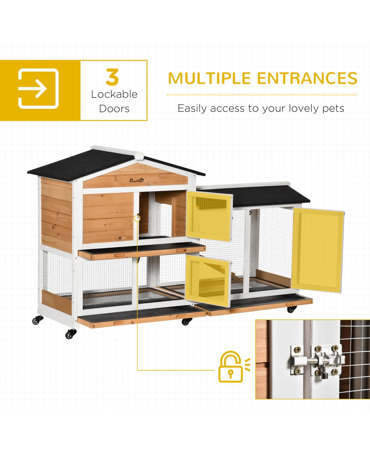 PawHut 62" Wooden Rabbit Hutch with Wheels, Run Box, No Leak Tray, and Ramp
