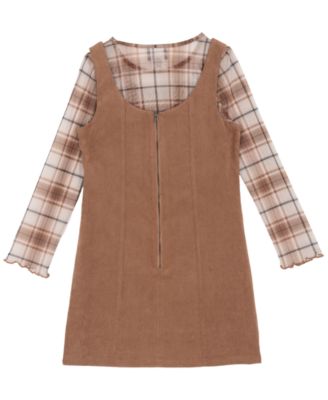 Big Girl 2-Piece Corduroy Dress over Plaid Mesh Top with Necklace Set