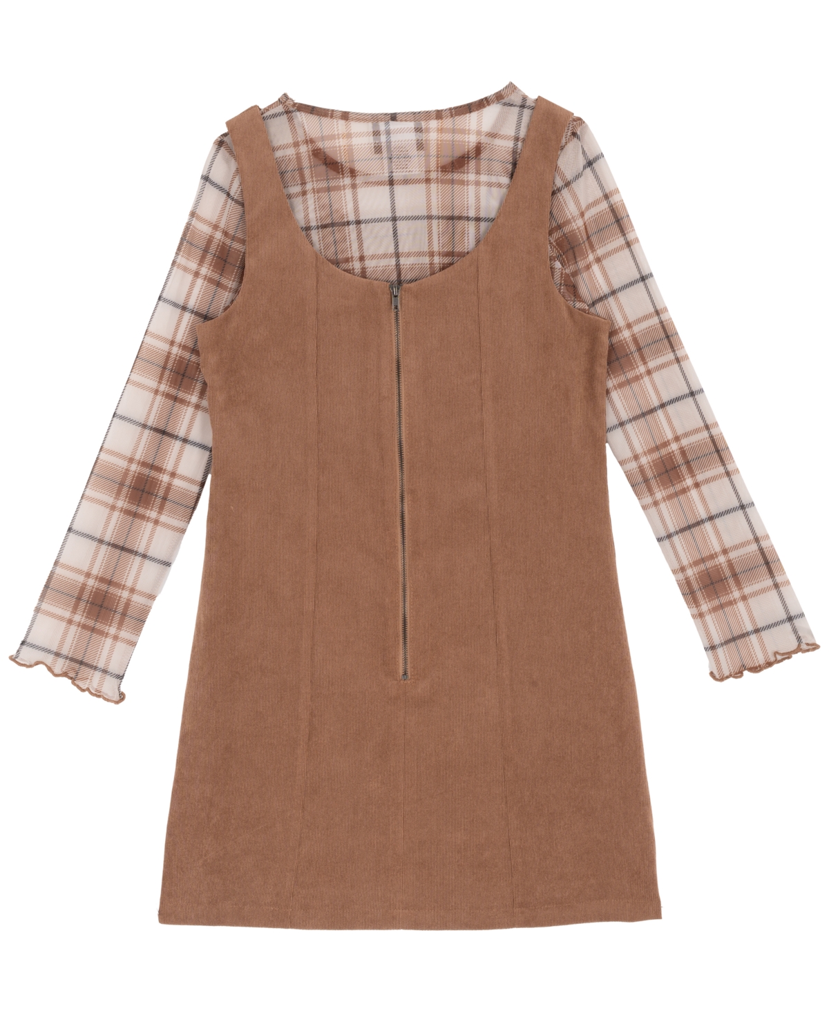 Rare Editions Big Girl 2-piece Corduroy Dress Over Plaid Mesh Top With Necklace Set In Brown