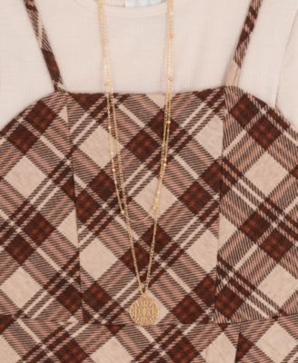 Big Girls 2-Piece Plaid Top, Jumper with Shorts, and Necklace Set