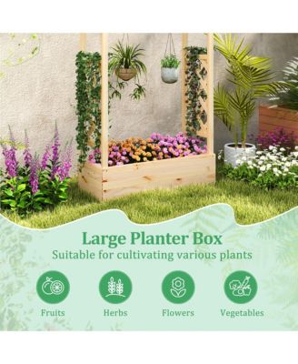 Wooden Raised Garden Bed w/ Trellis & Hanging Roof Planter Box Drainage System