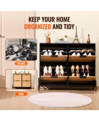 Narrow Rattan Shoe Cabinet with 4 Flip Drawers, Slim Entryway Storage with Metal Legs