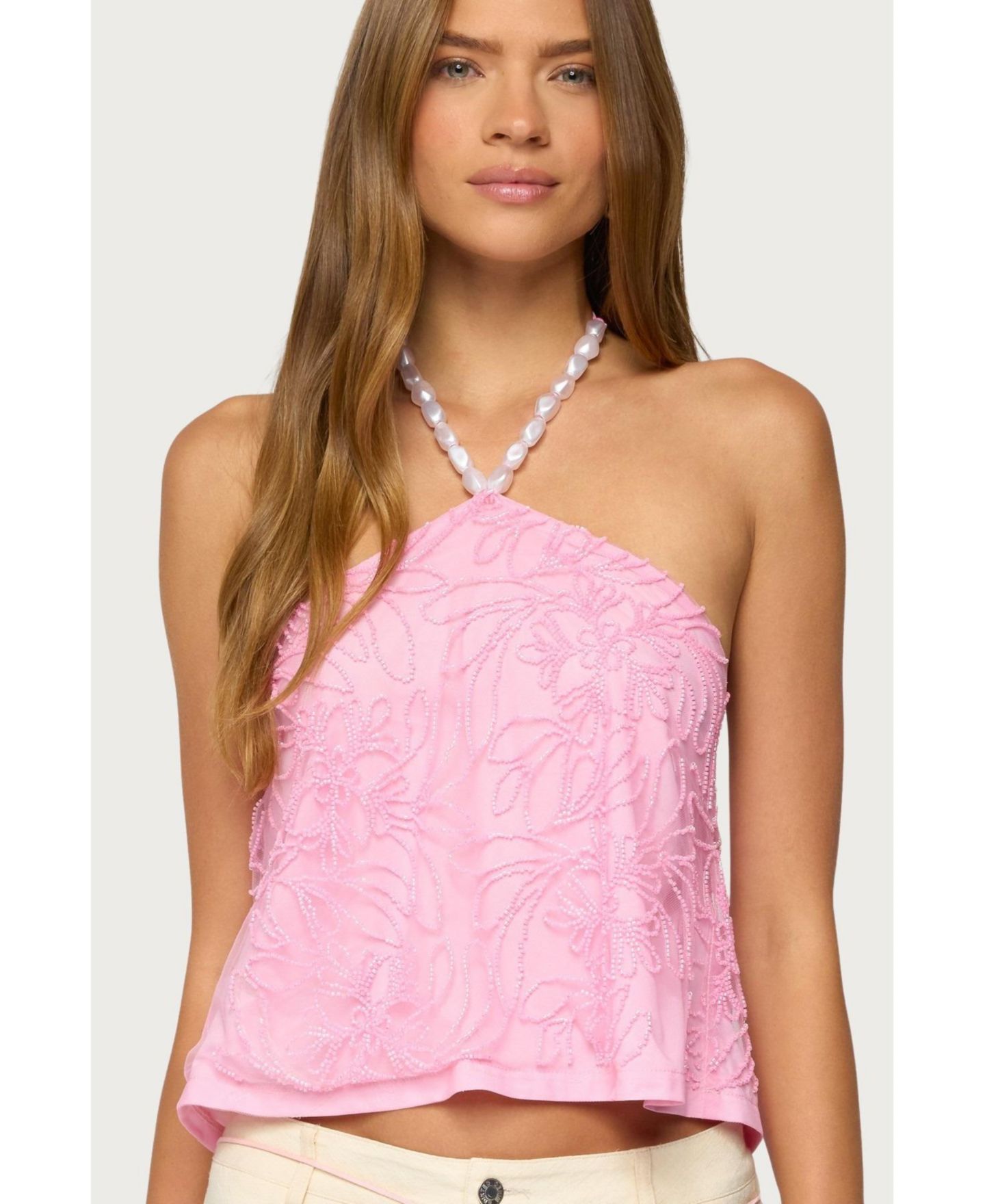 Женский топ Edikted Ayva Embroidered Floral Bead Halter, цвет: Розовый — фото 1