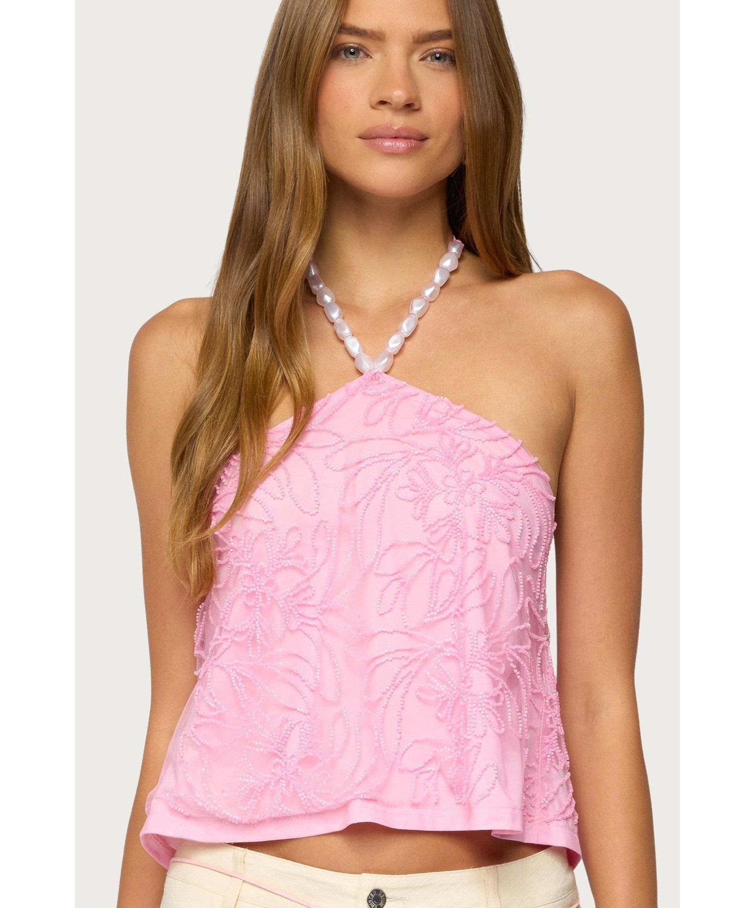 Women's Ayva Embroidered Floral Bead Halter Top