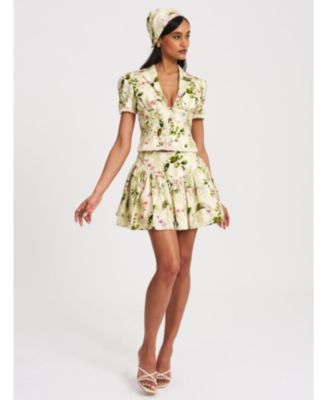 Women Zanella Green Floral Print Lace Trim Linen Top