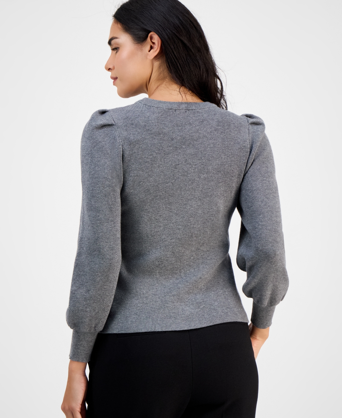 Ak Anne Klein Petite Crewneck Long-puff-sleeve Sweater In Gray
