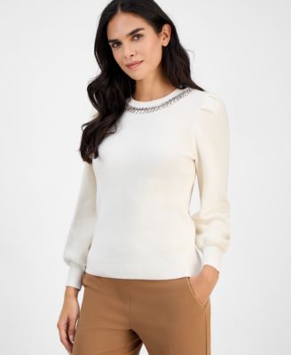 AK Anne Klein - Petite Embellished-Crewneck Puff-Sleeve Sweater