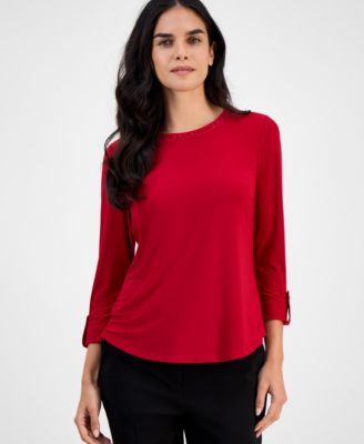 AK Anne Klein - Petite Embellished-Neck Roll-Tab-Sleeve Top