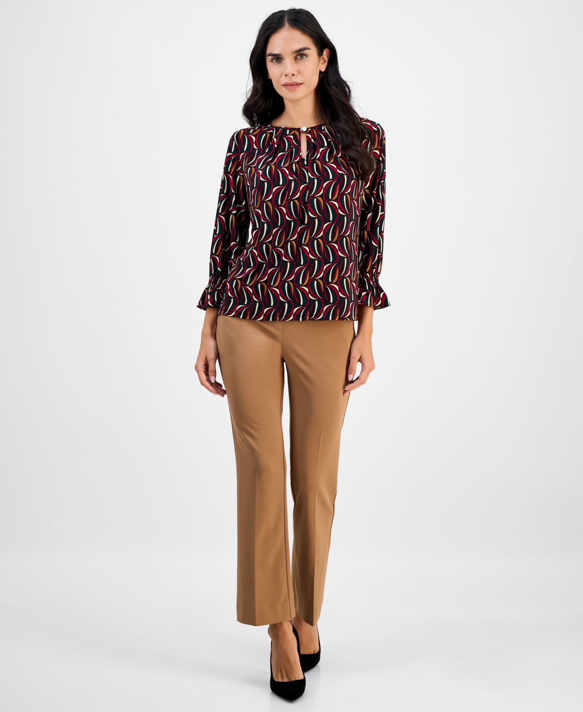Ak Anne Klein Petite Printed Keyhole-Front Flare-Cuff Top