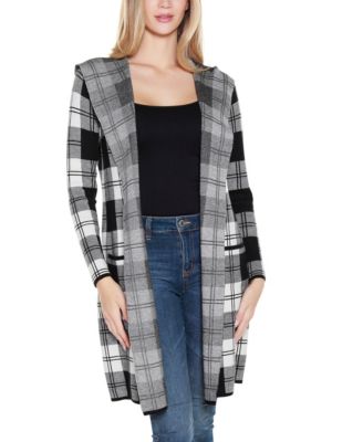 Women's Hooded Checkered Plaid Coatigan Sweater