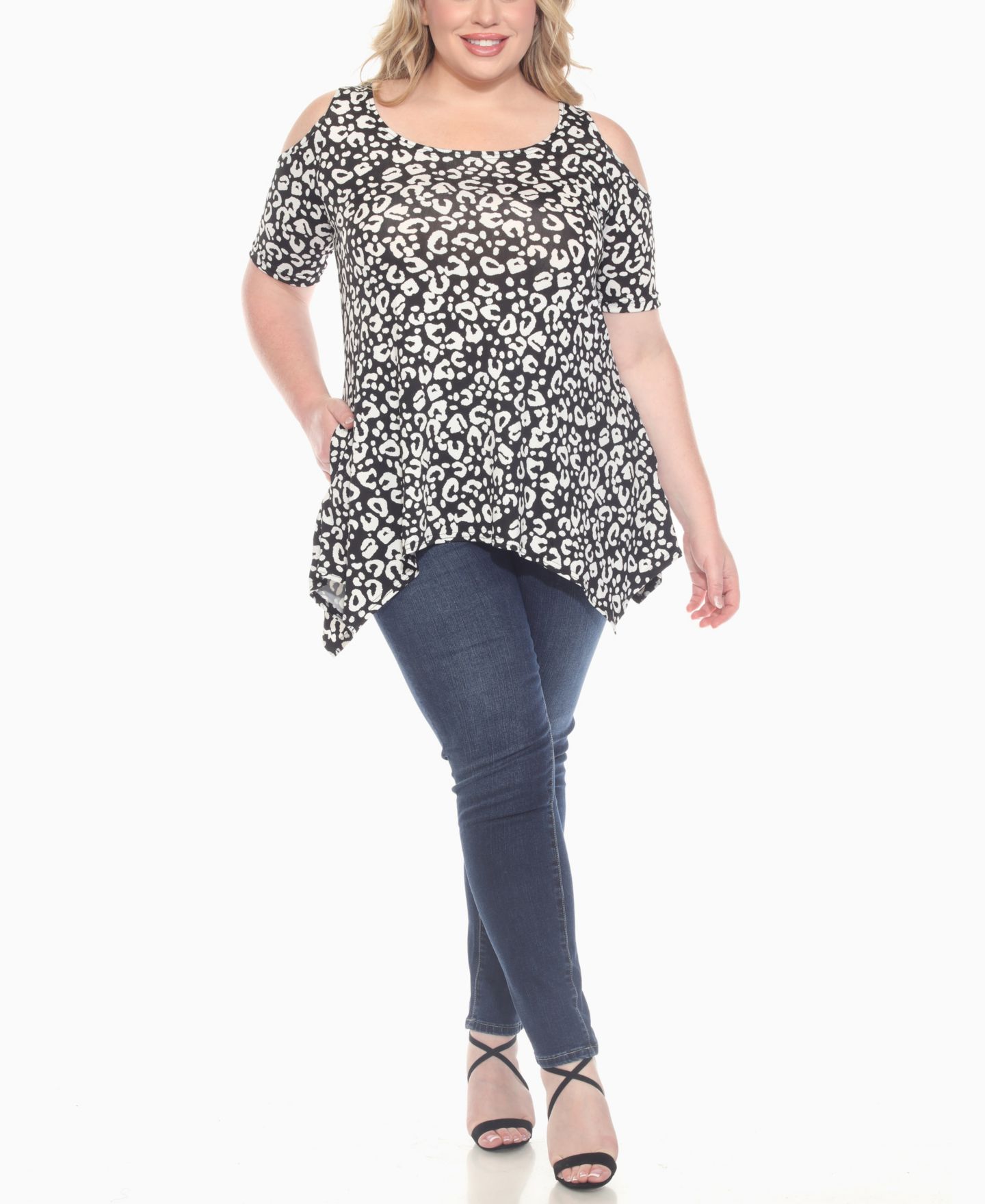 Женский топ White Mark Plus Size Cold Shoulder Leopard Print Short Sleeve Knit, цвет: Чёрный — фото 4