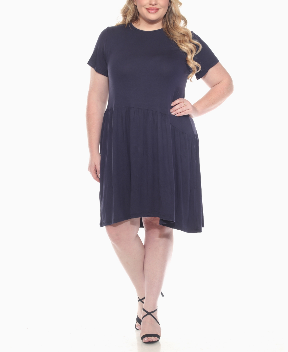 White Mark Plus Size Asymmetrical Waist And Short Sleeve Swing Dress In Blue