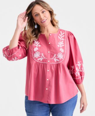 Plus Size Cotton Embroidered 3/4-Sleeve Blouse