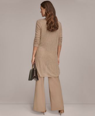 Donna Karan Womens Open V Neck Long Sleeve Cardigan Twisted Shoulder Tank Top Pleated Wide Leg Pull On Pants In Nude