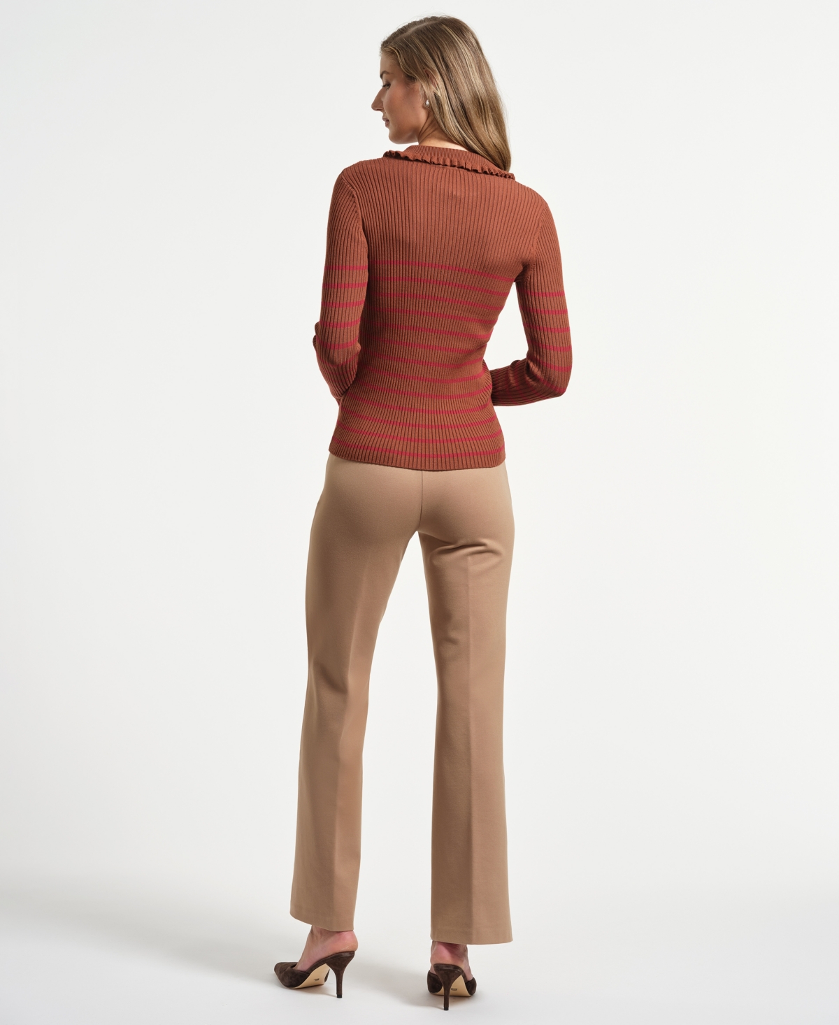 Isaac Mizrahi Women's Ruffle Neck Henley Sweater In Brown