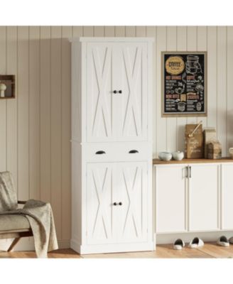 Kitchen Pantry with Barn Doors, Drawer, 4 Adjustable Shelves, White