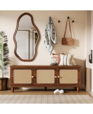 55&amp;quot; Shoe Bench with Lift Top Storage, 2-Tier Entryway Bench with 3 Rattan Doors