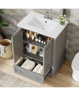 24" Bathroom Vanity with Ceramic Sink Combo, Freestanding Storage Cabinet with 2 Doors & 1 Drawer, Solid Wood Frame, Grey