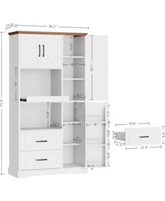 Farmhouse Kitchen Pantry Cabinet with Microwave Stand, Drawers, White