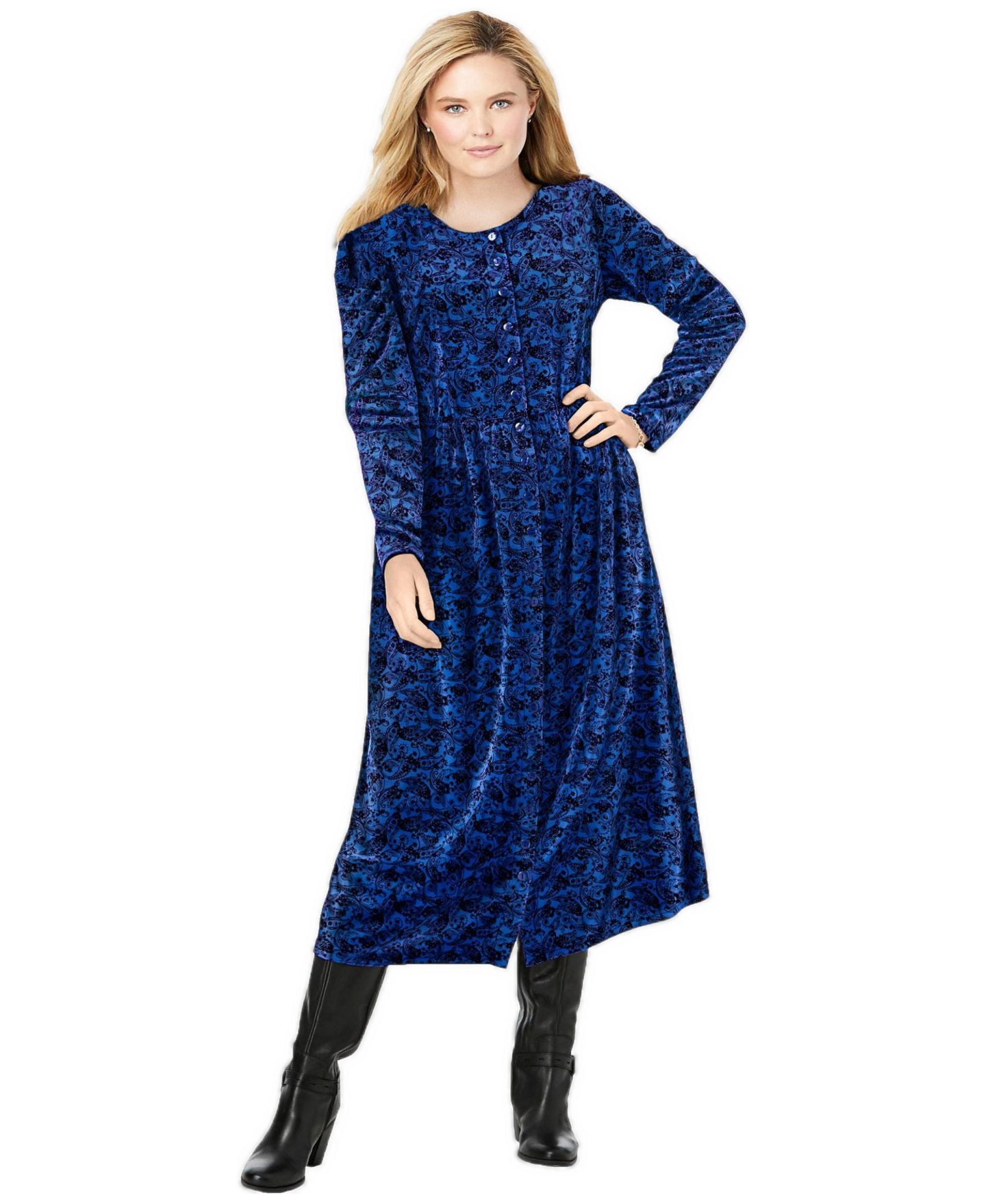 Женское платье Woman Within Plus Size 21-Button Velour, цвет: Кобальтовый с принтом — фото 1