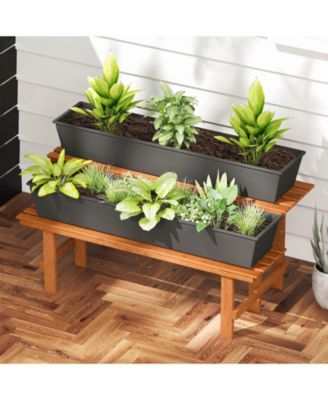 2 Tier Wood Plant Stand with Teak Oil Finish Indoor & Outdoor Flower Pot Holder